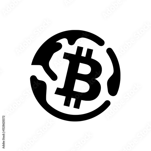 Half globe icon with Bitcoin sign showing global reach of digital currency, crypto influence, and blockchain presence