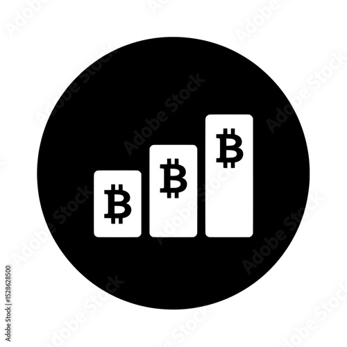 Three Bitcoin bars in increasing order inside black circle representing crypto financial growth or investment progress