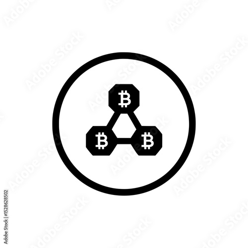 Bitcoin network node connection inside circular icon representing cryptocurrency decentralization or peer-to-peer network