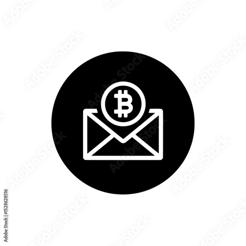 Dark circular envelope icon with Bitcoin symbol indicating confidential cryptocurrency email communication