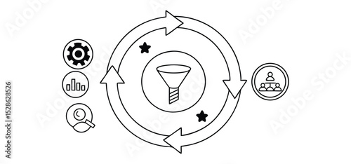 Business process flow diagram concept outlining a marketing funnel with gears statistics teamwork and searching icons.