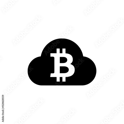 Dark cloud icon with white Bitcoin symbol indicating secure blockchain cloud hosting for cryptocurrency services
