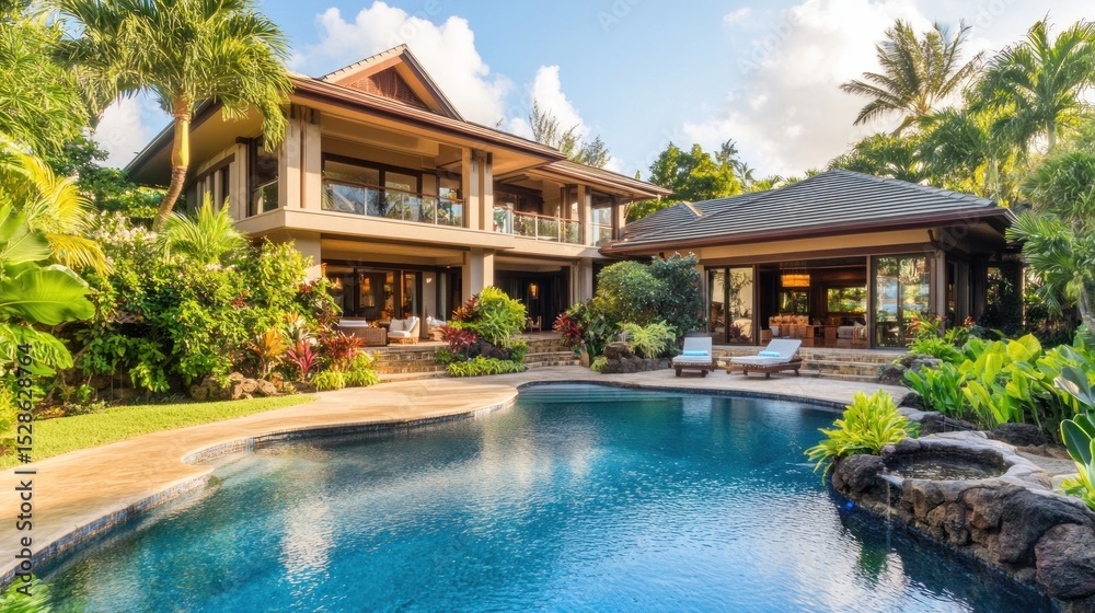 Fototapeta premium Luxurious tropical home with pool. Lush gardens surround modern estate