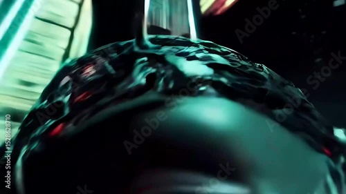 Broken robot head in future sci fi city