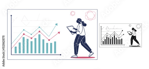 Businesswoman analyzing financial charts presenting growth and data analysis in flat vector style illustration