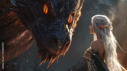 Elf woman standing in front of a big dragon