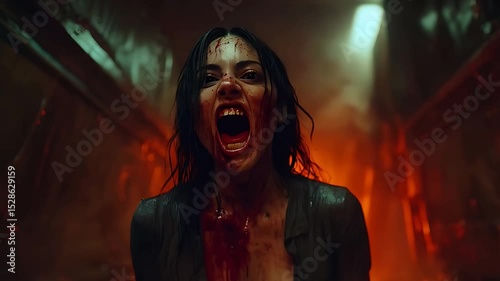 Zombie woman screaming with bloody dress