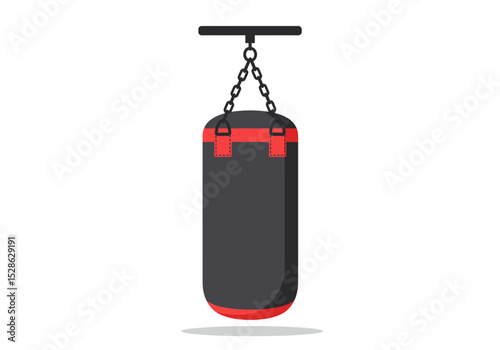A black and red punching bag hangs from a chain attached to a tshaped ceiling mount