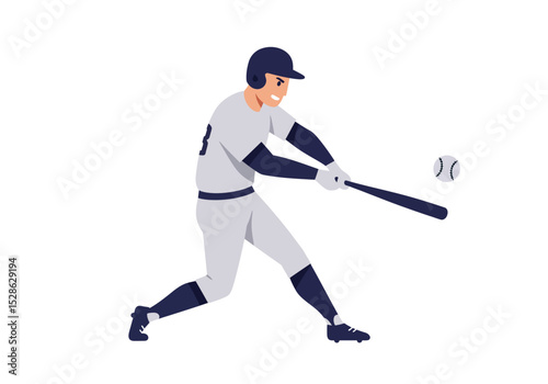 A batter in a baseball uniform swings at a baseball with a bat