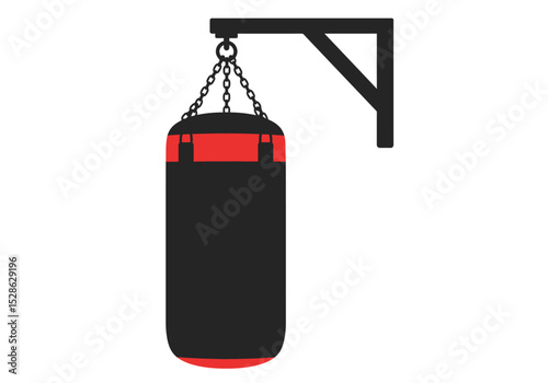 A black and red punching bag hangs from a metal mount via chains