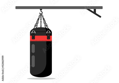 A black and red punching bag hangs from a gray metal bracket