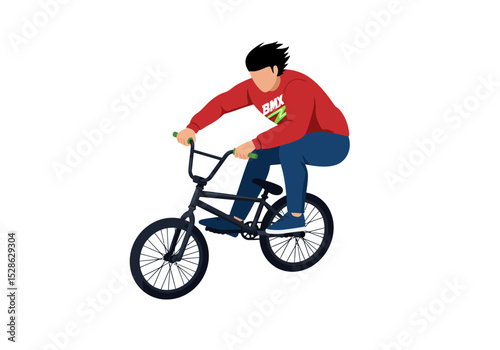 A faceless person rides a BMX bike wearing a red sweatshirt and blue jeans and shoes