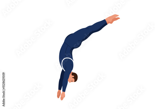 A diver in a blue suit bends arms extended downward and legs up poised for a dive