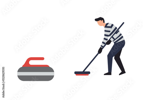 A figure sweeps a curling stone with a broom in the sport of curling