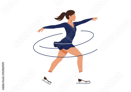 A figure skater in a blue dress spinning with arm extended
