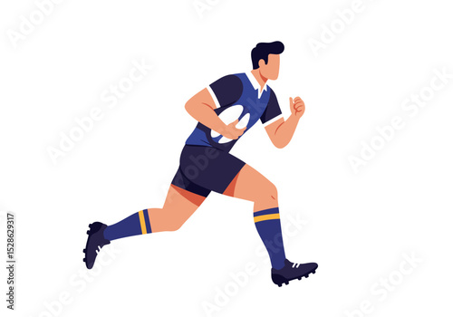A faceless rugby player wearing a blue jersey and shorts runs with the ball in hand on a white background