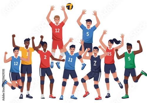 A diverse volleyball team celebrates a point all wearing numbered jerseys