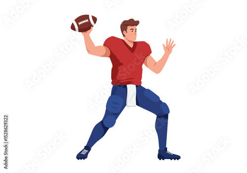 A football player in red shirt with a brown football ready to throw