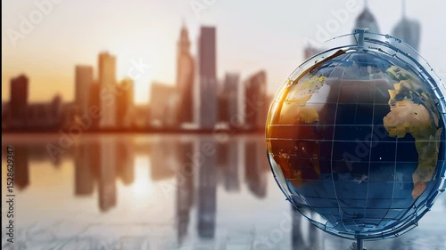 Rotating globe in front of city skyline at sunset