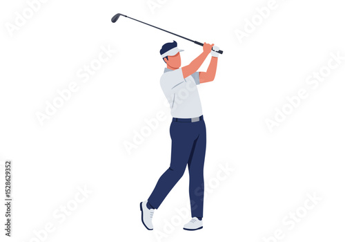 A golfer in midswing holding a golf club overhead with both hands dressed in sporty attire with a visor
