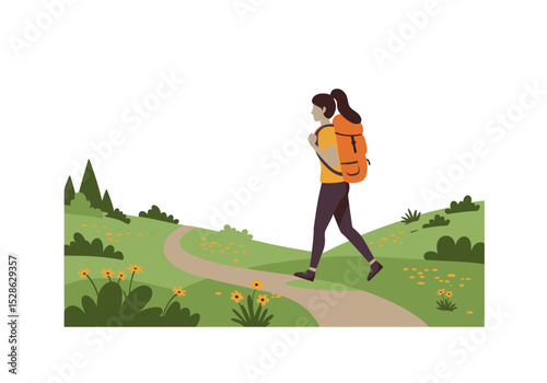 A hiker with a backpack walks a path through a grassy flowered landscape