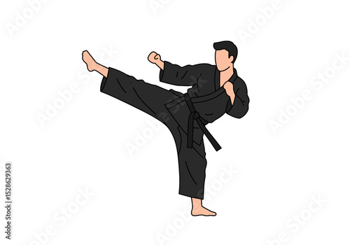A karate practitioner in a black uniform delivers a high kick fist ready against a stark white background
