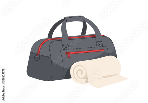 A gray duffel bag with red accents is next to a rolledup creamcolored towel