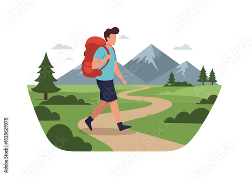 A hiker with a red backpack is walking on a path through a mountainous landscape