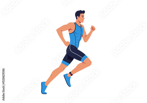 A male athlete in running attire runs forward in a midstride pose