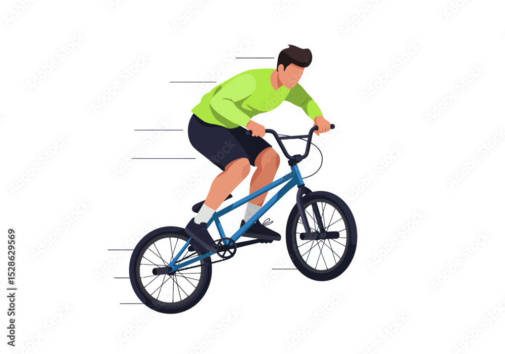 A rider on a blue BMX bike wearing a light green shirt black shorts A rider on a blue BMX bike wearing a light green shirt black shorts