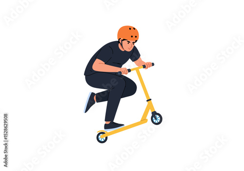 A person rides a yellow scooter while wearing a matching orange helmet