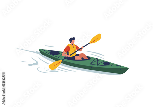 A person paddles a green kayak in water with a yellow paddle
