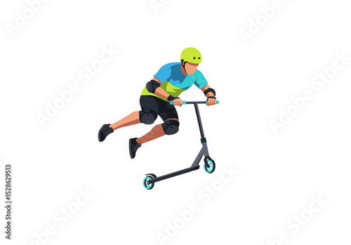 A person on a scooter wearing protective gear is depicted in midair