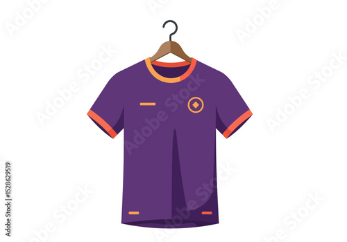 A purple tshirt with orange trim hanging on a wooden hanger
