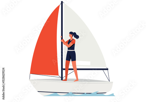 A person standing on a sailboat with a red and white sail