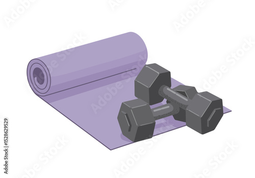 A purple yoga mat with rolled end and gray dumbbells sit together