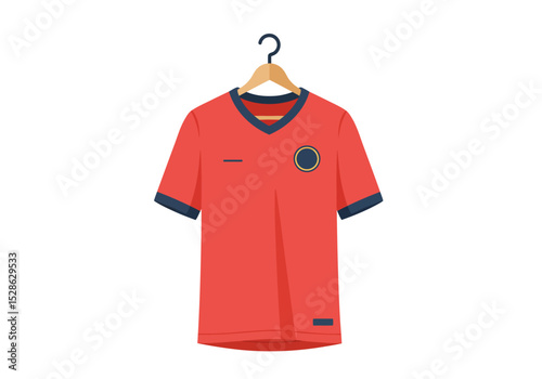 A red vneck tshirt with navy trim hangs on a wooden hanger against a white backdrop