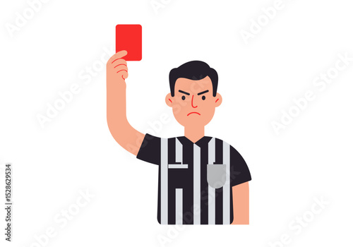 A referee in a striped shirt holding up a red card with an angry expression
