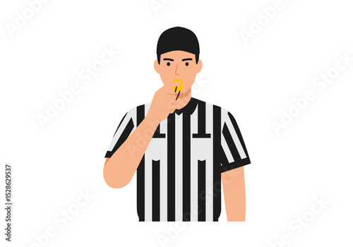 A referee blows a yellow whistle while wearing a black  white striped shirt and a black cap