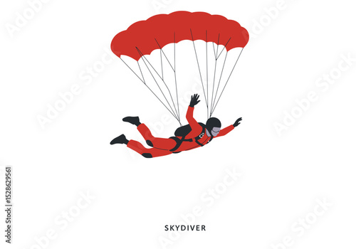 A skydiver in a red suit descends under a red parachute with black suspension lines