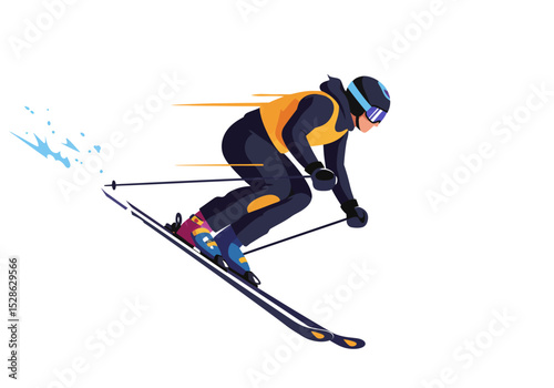 A skier glides downward sporting ski gear and poles amidst speed lines and a splash effect