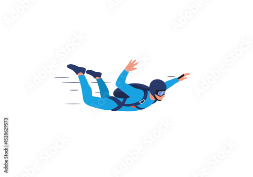 A skydiver in a blue suit helmet and goggles in freefall with horizontal speed lines