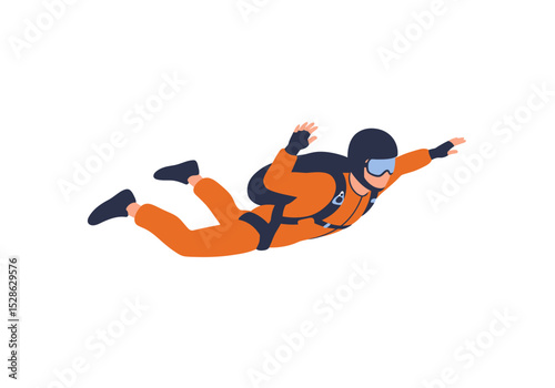 A skydiver in an orange suit with a dark helmet and goggles is midair against a white backdrop