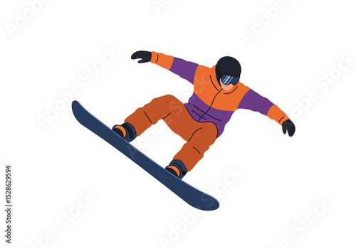 A snowboarder in midair wearing a helmet and goggles clad in orange and purple gear riding a dark blue snowboard