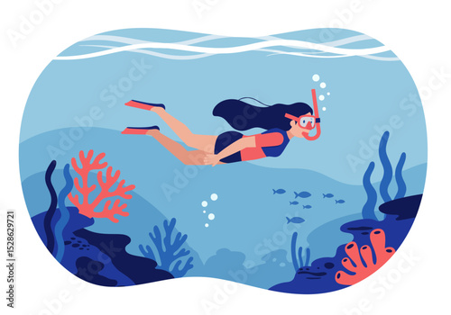 A woman snorkels in a blue ocean surrounded by coral bubbles  fish
