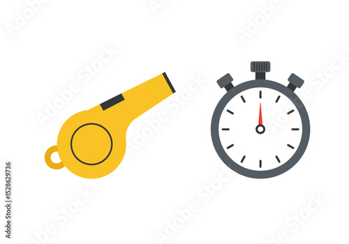A yellow whistle is placed to the left of a gray stopwatch with a red second hand