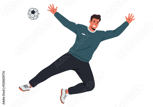 Animated man leaping arms outstretched towards a floating soccer ball