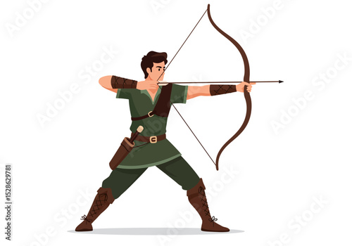 Archer in green tunic leather armor aims with bow and arrow