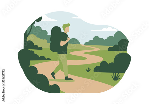 Backpacker walks on trail through a green landscape with trees and a winding path under a bright sky