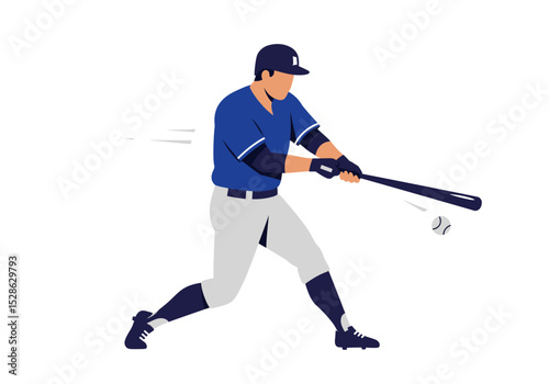 Baseball player swinging at a ball blue uniform white pants dark cleats and baseball bat